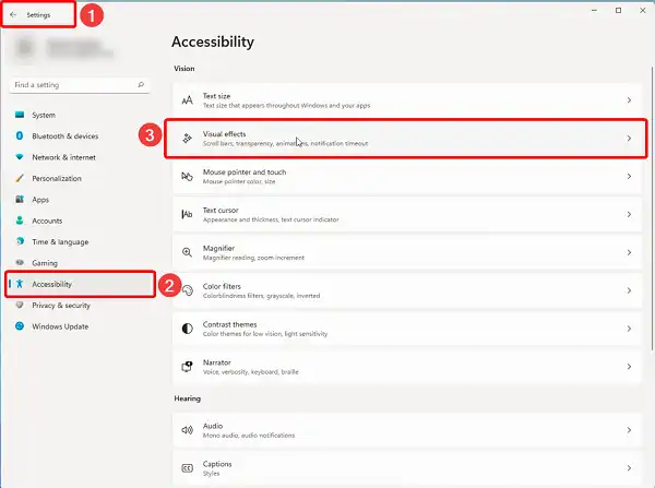 Settings page, select Accessibility