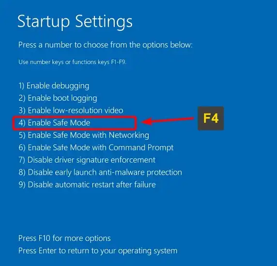 From the Advanced Boot Options menu, use the arrow keys to select “Safe Mode” and press Enter